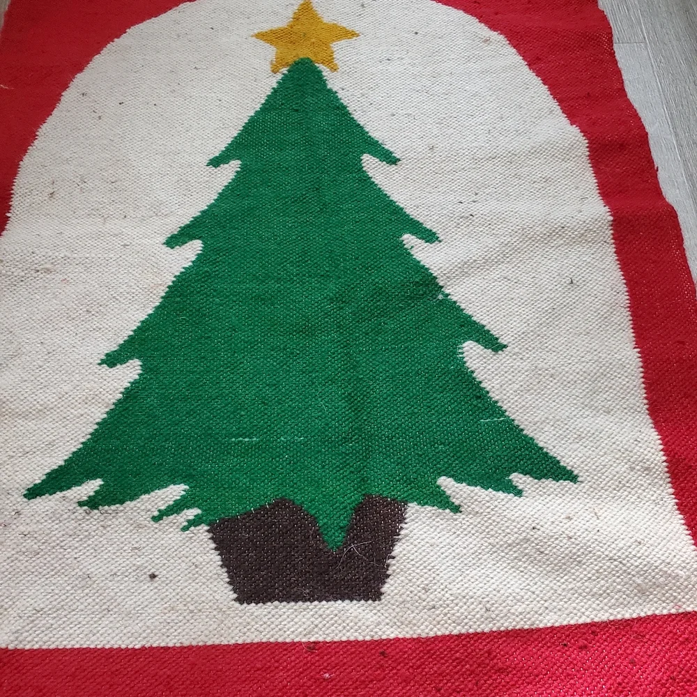 Vintage Fringe Christmas Tree Rug Wool Rectangular Simplistic Rugged Nice As Is